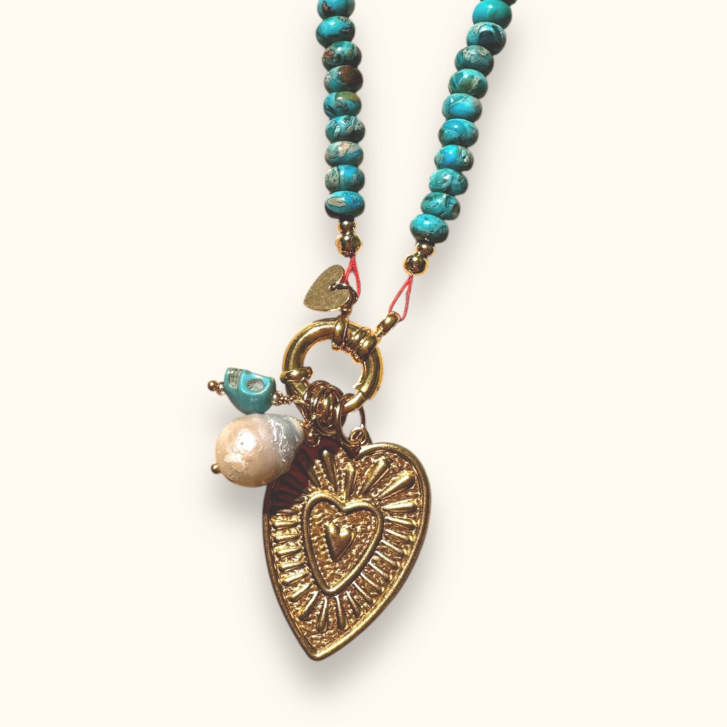 Motee Necklace with Heart, Skull and Natural Baroque Pearl Pendant