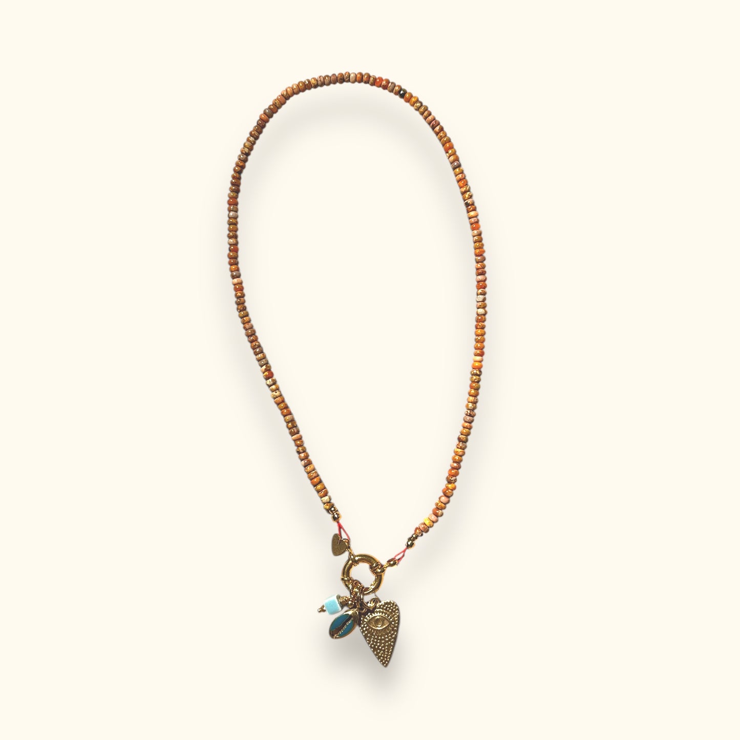 Motee Necklace with Cowrie Shell, Evil Eye and Square Bead Pendant