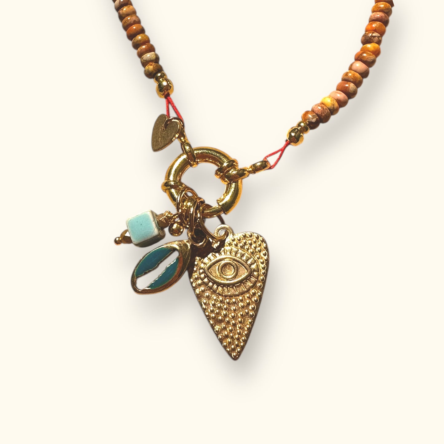 Motee Necklace with Cowrie Shell, Evil Eye and Square Bead Pendant
