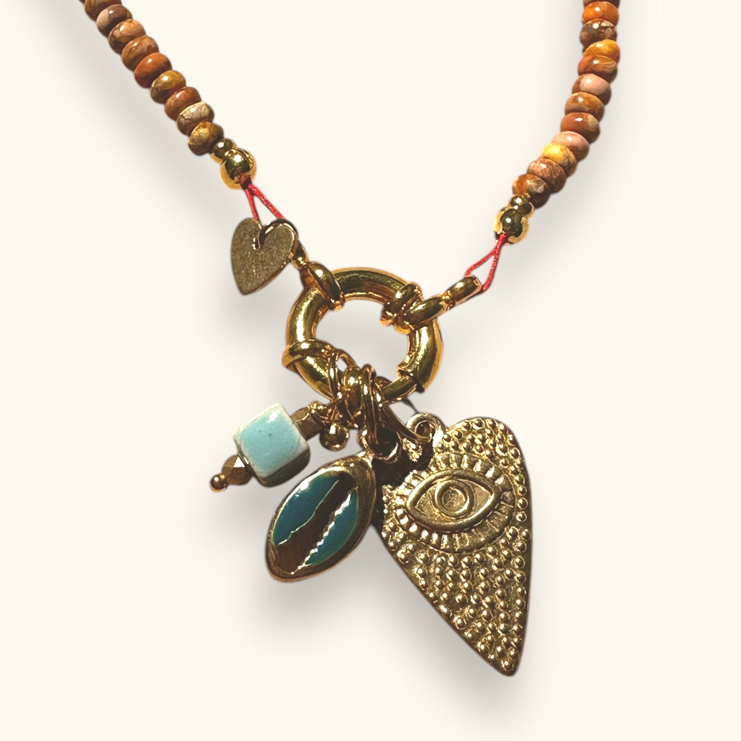 Motee Necklace with Cowrie Shell, Evil Eye and Square Bead Pendant